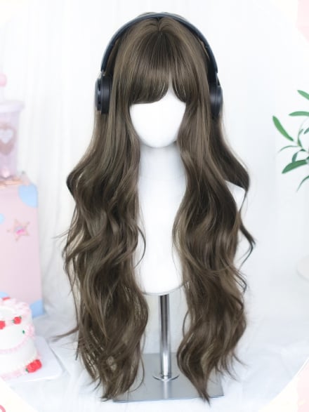 Lange, gewellte Perücke (65–70 cm) mit seitlich gefegtem schwarz-braunem Pony