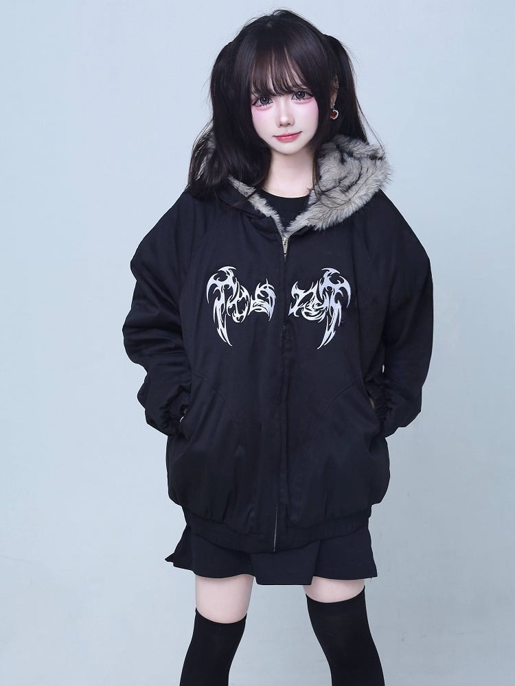 Black Kei Embroidered Hooded Jacket Fur-Collar Jirai