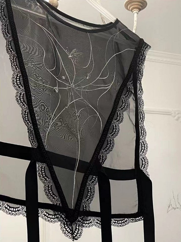 Blouse Embroidered with Detachable High-Neck Sleeves Black Spiderweb Lolita Long Gothic Sailor Collar