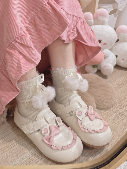 Trim Fleece Beige Flats Heart Ear Lined Lolita with Ruffle Sweet Applique Bunny Winter