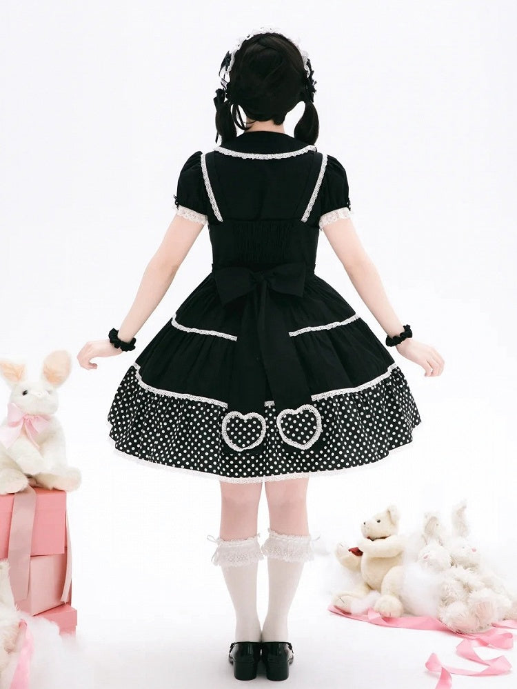Kleid Schule Polka Alt Schwarz Baumwolle Weiß Punkte Lolita
