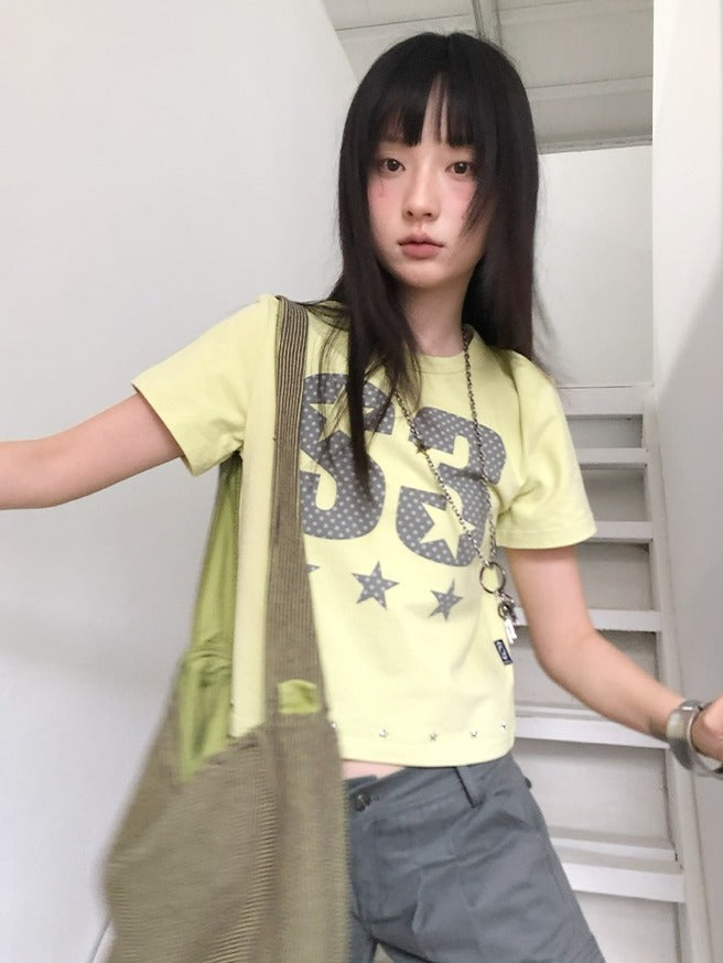 Lemon Yellow Round Neck Tee with Letter Print and Stars - innomoood