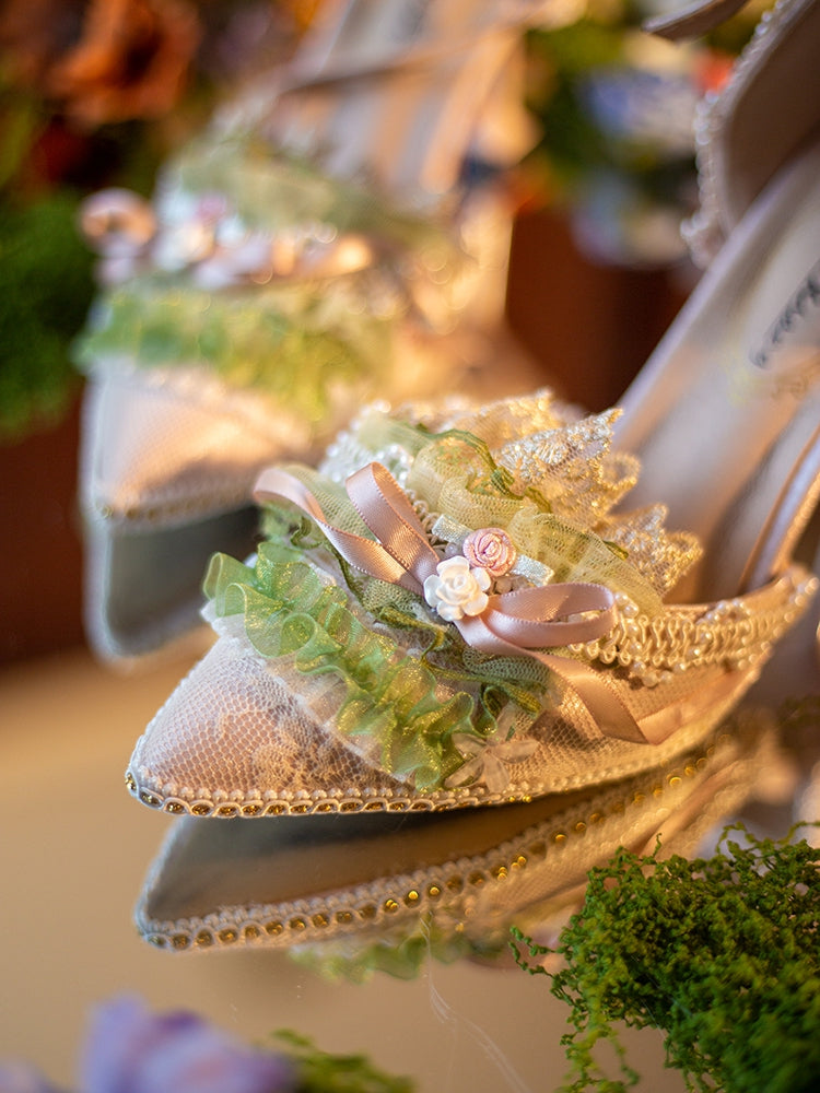 Decorated Floral Knotted Accent Bow Heels Pointed Green Toe Design High Beaded 5CM/8CM