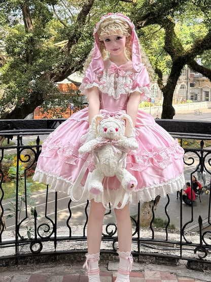 Trimmed Pink White and Bow Sweet Lace Bead Details with Dress Lolita
