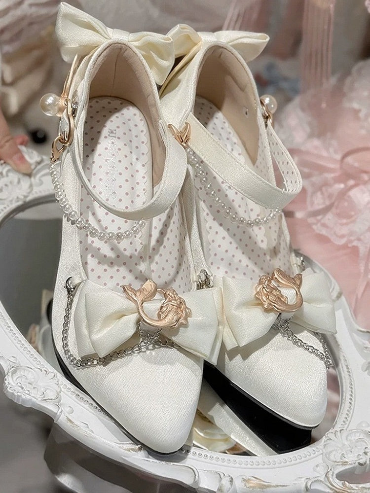 White Mermaid Lolita High 7cm Heels with Pearl Chain & Bowknot - Meng Ka Jiang