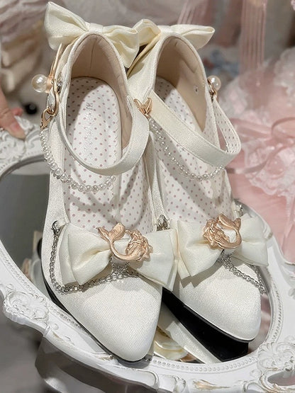 White Mermaid Lolita High 7cm Heels with Pearl Chain & Bowknot - Meng Ka Jiang