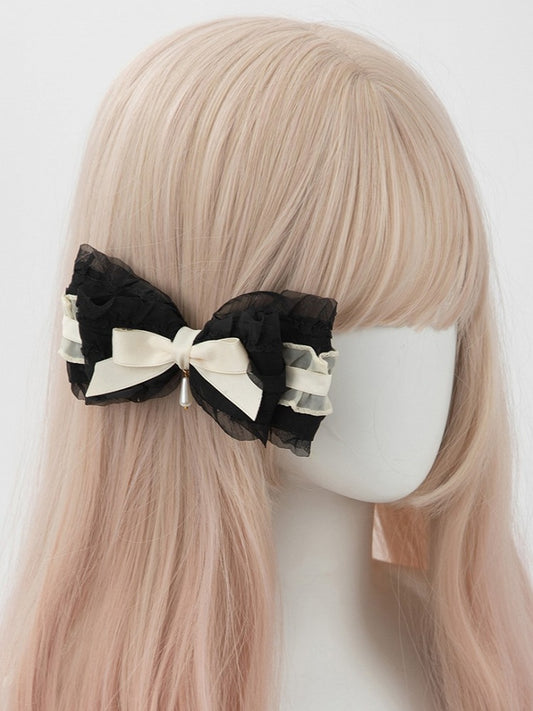 Beige Bow Sweet Charm Hairclip Lolita Ruffled shaped Black Droplet Bead with