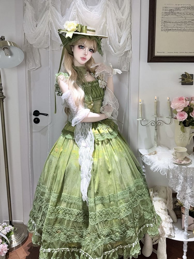Top Baskenmuster Taillenstäbchen + Rock Ölgemälde Lolita Classic Overlay Grün