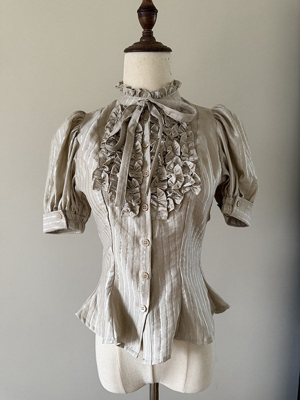 Champagne Ruffle Short Puff Sleeve Striped Lolita Blouse - Flower Fairy Daily