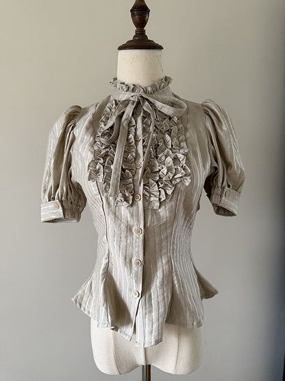 Champagne Ruffle Short Puff Sleeve Striped Lolita Blouse - Flower Fairy Daily