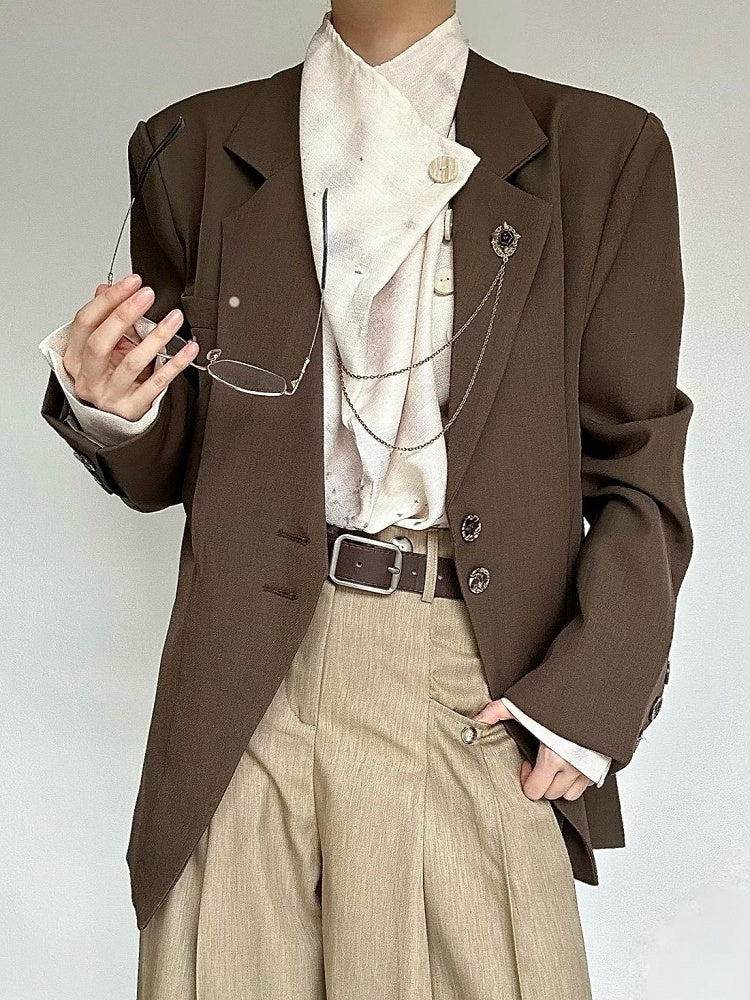 Notched Ouji Cuffs Unisex Collar Lolita Vintage Blazer with Button Coffee