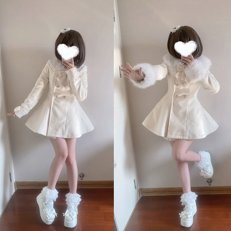 ジライケイ ベージュ 取り外し可能なプラッシュカラーとカフス 地雷風 リボン付きウールコート