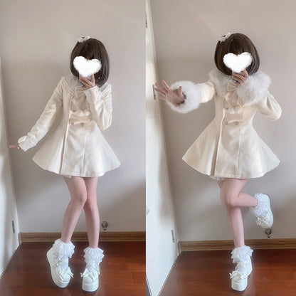 ジライケイ ベージュ 取り外し可能なプラッシュカラーとカフス 地雷風 リボン付きウールコート