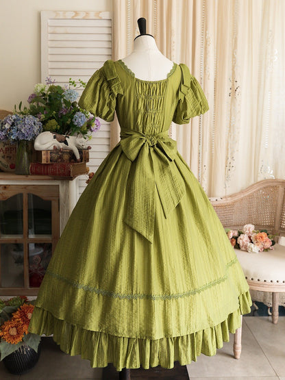 Classic Olive Princess Lolita Sleeves Puff Elegant Green Dress
