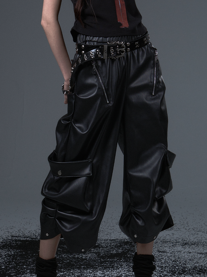 Black Zipper Decorative Mid-length Punk Rock Pants Wide-leg PU -