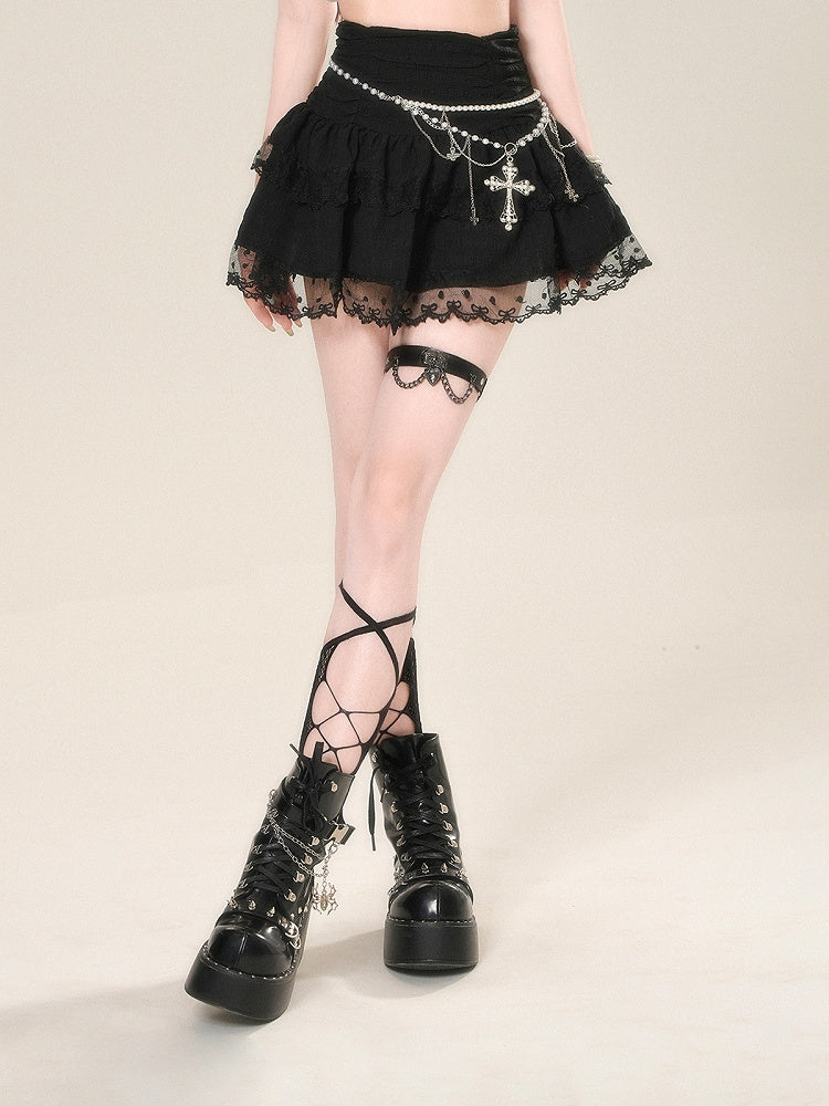 レーストリムハイスカート グラマラスティアードミニメッシュブラックウエスト