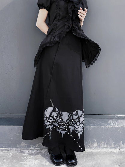 Waist Gothic Black High Skirt Skeleton Print Back Slit Studded