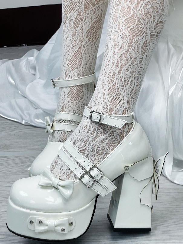 Milk Bowknot Heels Lolita Shoes White Platform High Block Design Butterfly Stud