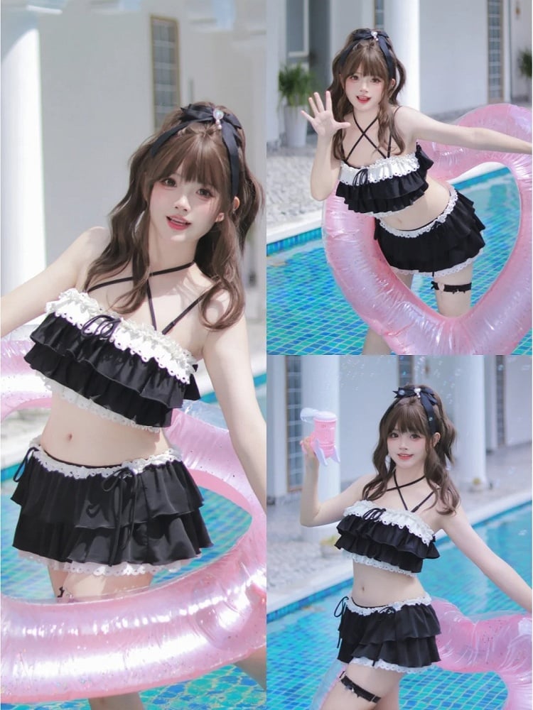 リボンディテール レーストリム 水着 ブラック ティアードフリル