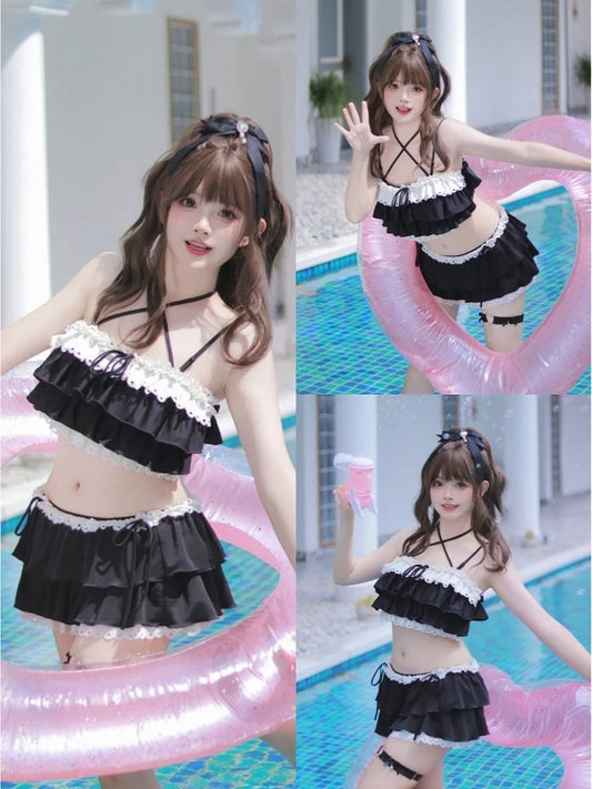 リボンディテール レーストリム 水着 ブラック ティアードフリル