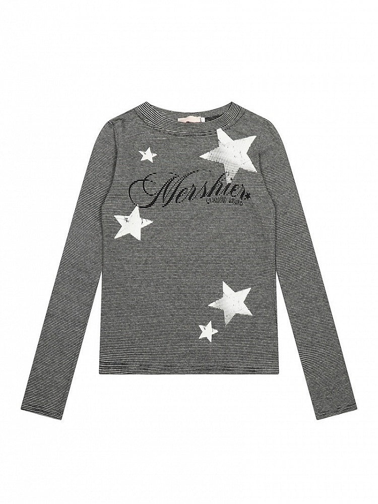 Y2K Dark Gray Striped Round Neck Long Sleeve Top with Star and Letter Print - Solkatt