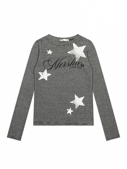 Y2K Dark Gray Striped Round Neck Long Sleeve Top with Star and Letter Print - Solkatt