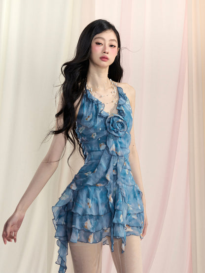 Mini Dress Blue Halter Neck Oil Painting Floral Cascading Ruffle Accents