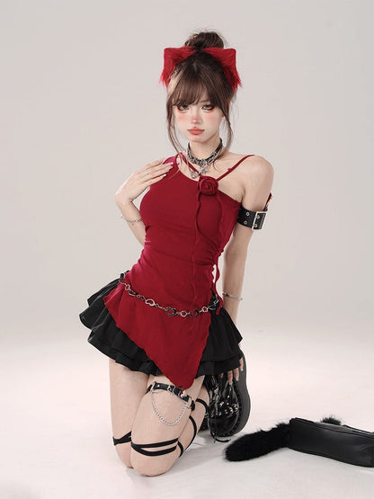 Asymmetrical Shoulder Sleeveless Top with Rose Accent Red