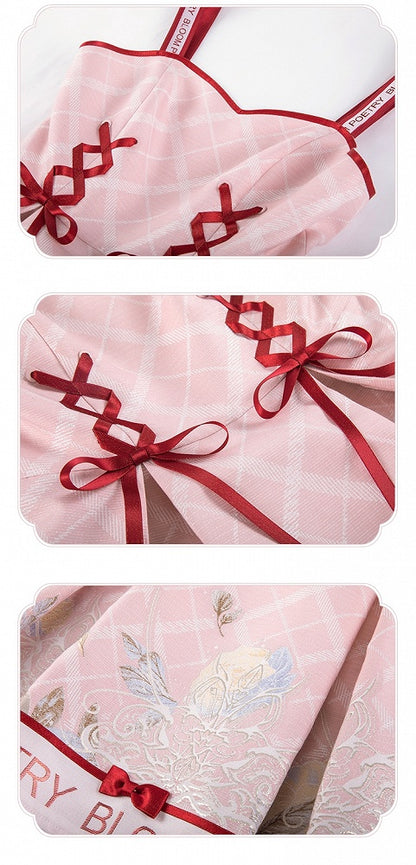 ジャンパートリミングピンクレッドロリータスカートフロントレースアップと