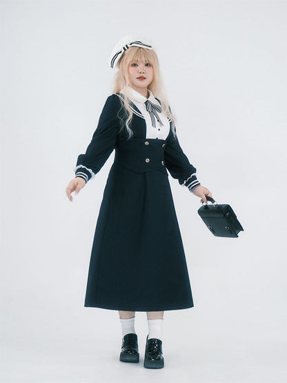 Midi JK Dress Size Striped Uniform Accents Preppy Black with Faux Plus Collar Two-Piece Sailor