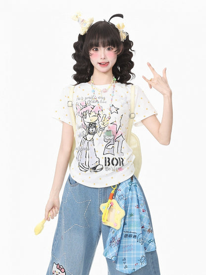 Beige Star Cartoon Graphic Tee - Languid Park