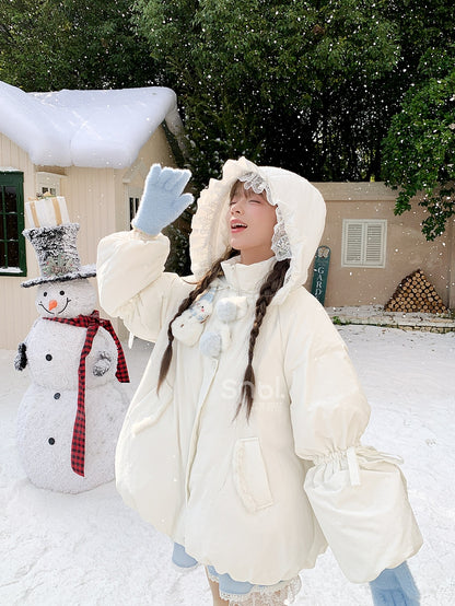 Cute Snowman Adorned White Hooded Puffer Down Jacket Bubble Silhouette