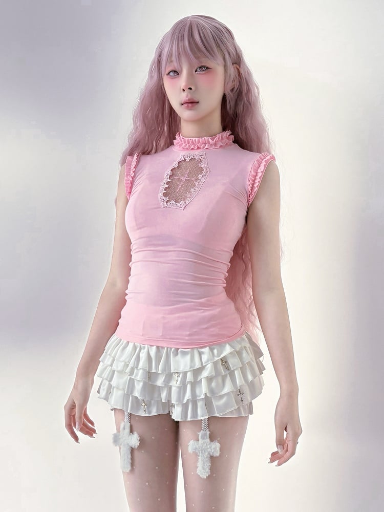 Cross Metal Skort with Cross Charms White Elastic Waist Tiered Embellished Ruffles