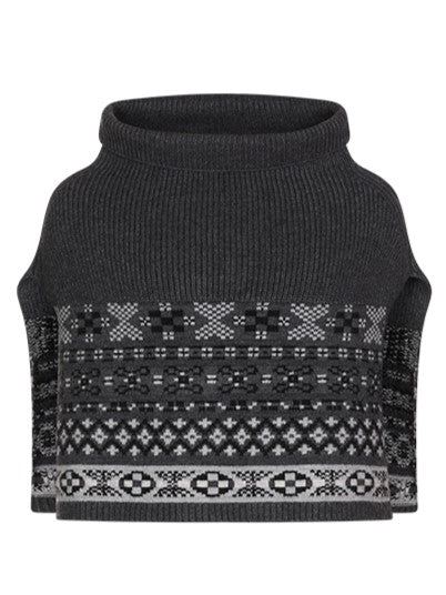 Vintage Fair Isle Jacquard Shawl- Cozy High Neck Pullover for Fall/Winter Dark Gray