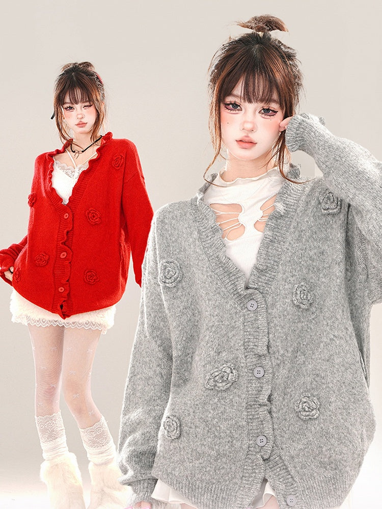 Red and Gray Flower Embellishments V-neck Loose Cardigan