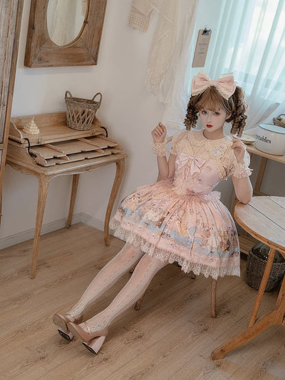 ティーロリータドレス ピンク パーティープリント キティ コルセット ジャンパー ボディス スウィートスカート