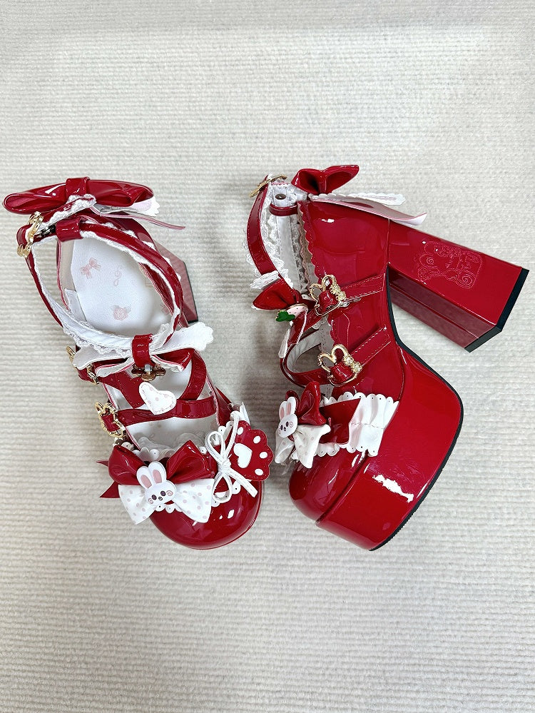 Red Sweet Lolita Platform Paw-shaped High Round Heels Toe with Bunny Block Accents Theme