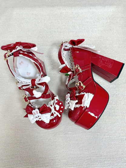 Red Sweet Lolita Platform Paw-shaped High Round Heels Toe with Bunny Block Accents Theme
