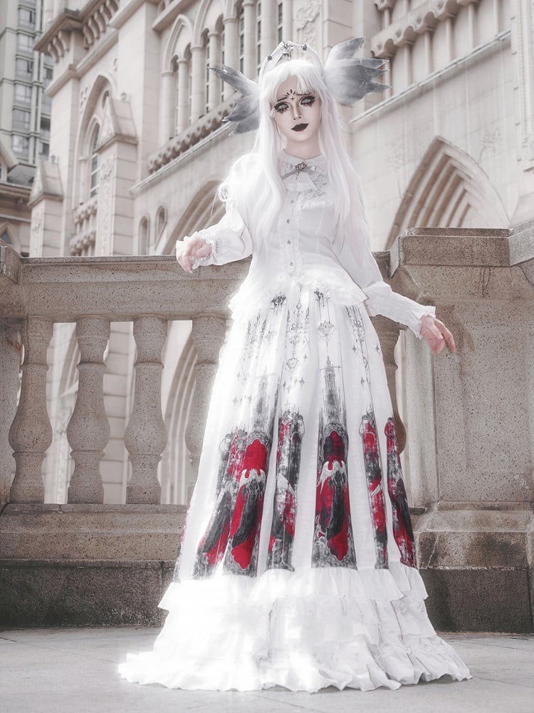 Details and Tie Bow Detachable with Ruffled White Gothic Blouse Embroidered