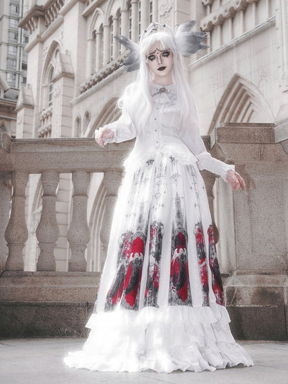 Skirt and White Set Angel Blouse Box Gothic Pleat Printed Ruffled Red