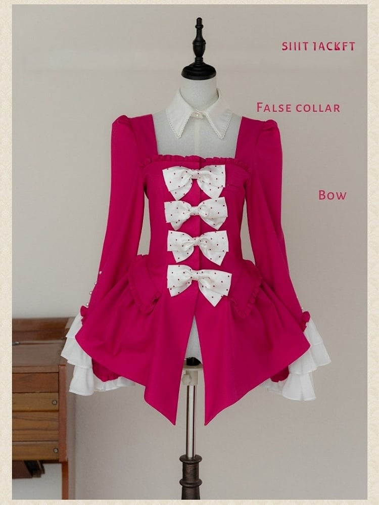 Retro Pink Blazer & Polka Dot Skirt Ensemble with Bow Accents and Detachable Collar - Charing Cross
