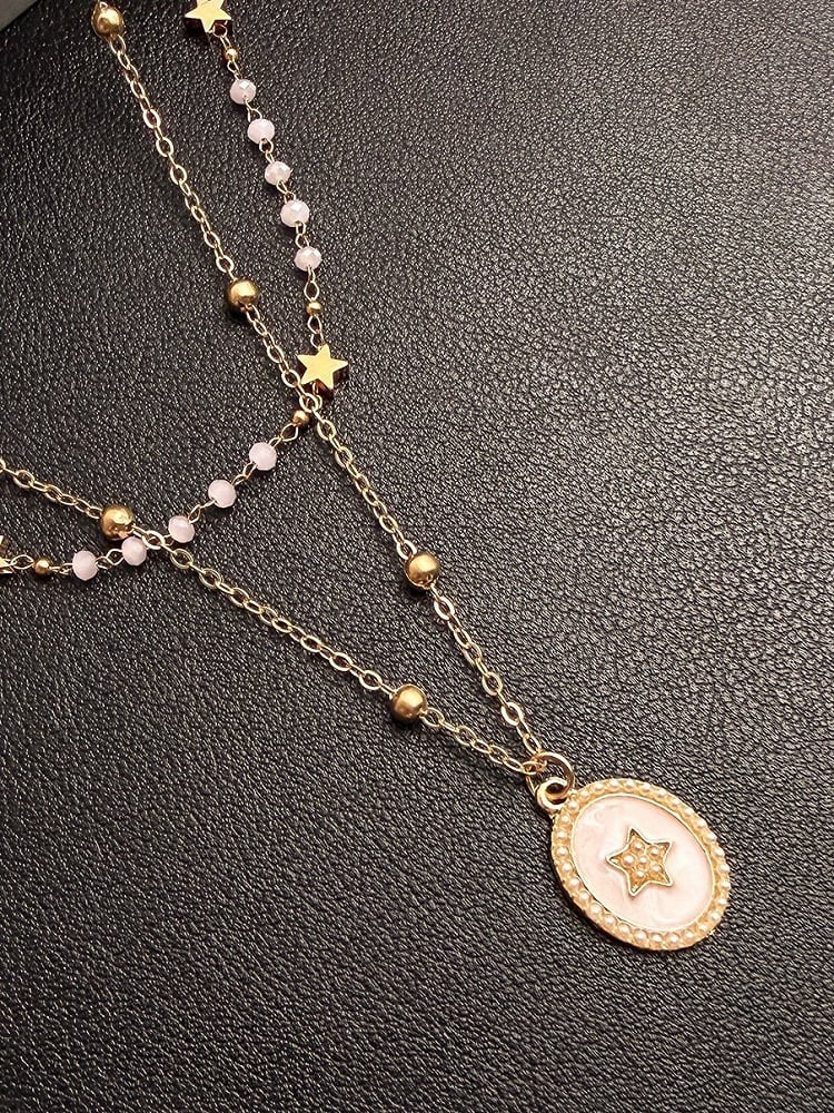 Y2K Layered Beaded Necklace in Blue & Pink with Star Pendant - YSHXS