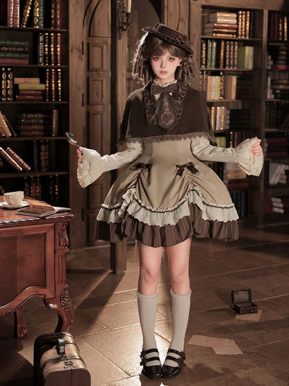 Brown Striped Faux-Layered Lolita Dress Set with Drawstring, Cape, Jabot & Mini Hat - With PUJI
