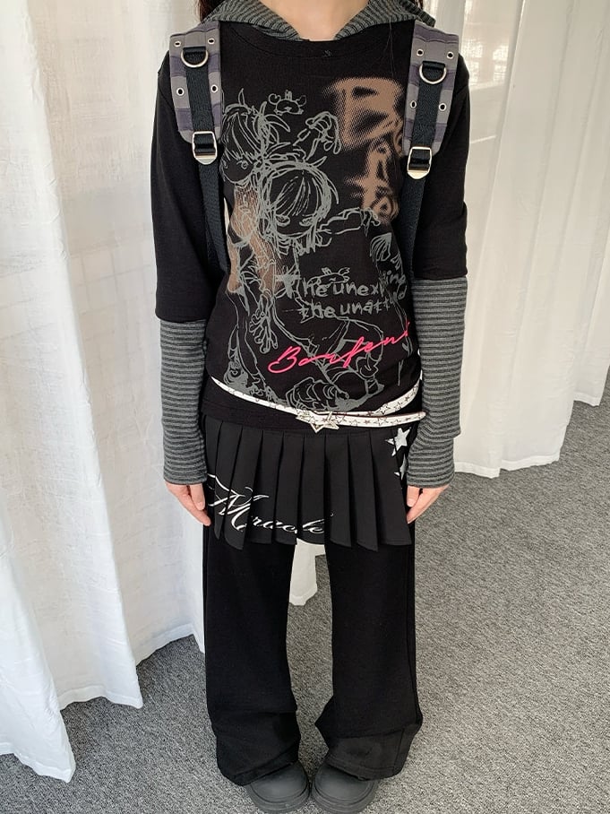 in Pants Black Drawstring Waist Accents with Flared Rhinestone