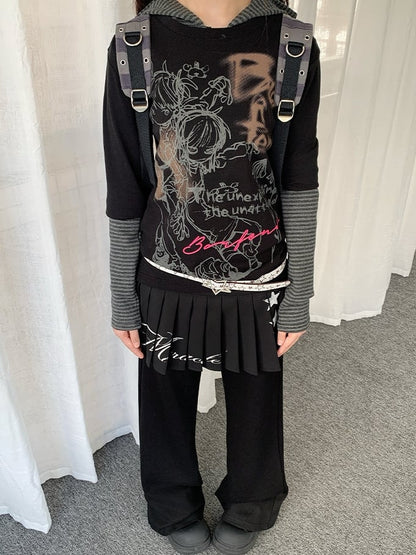 in Pants Black Drawstring Waist Accents with Flared Rhinestone