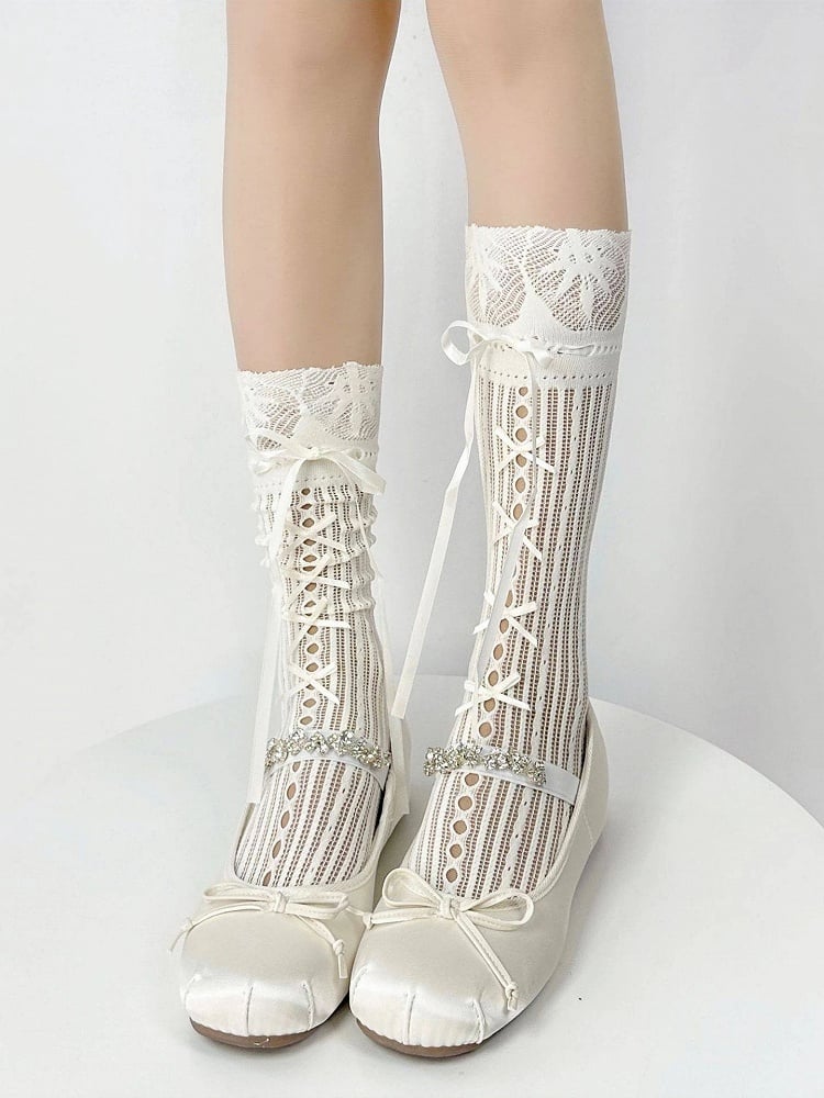 Sweet Colors: (3 Lolita White Socks Bow Calf Style