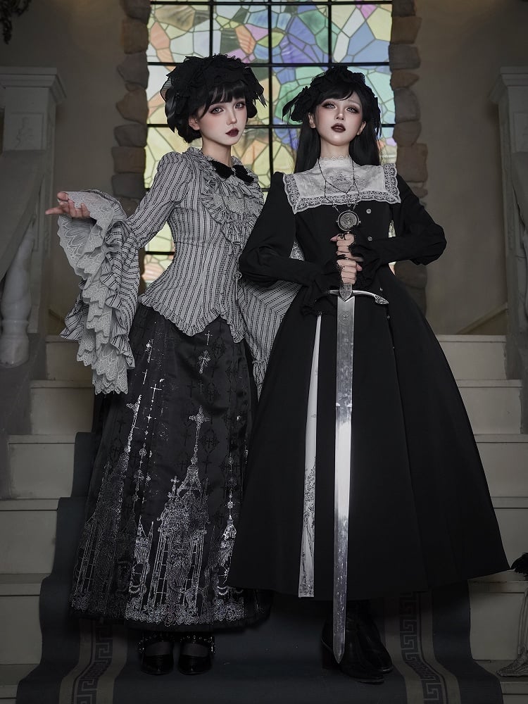Neckline + White Black Embroidered Dress Gothic Print Square Collar Lolita
