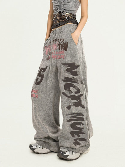 Casual Gray Vintage Wide Leg Trousers with Letter Print Pattern