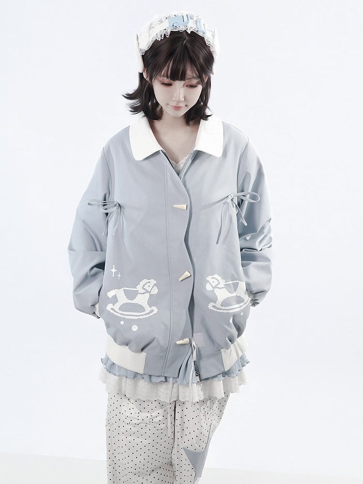 Light Blue Scalloped Placket Jacket with Rocking Horse Print & Toggle Buttons for Fall Winter - PINK SAVIOR