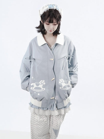 Light Blue Scalloped Placket Jacket with Rocking Horse Print & Toggle Buttons for Fall Winter - PINK SAVIOR